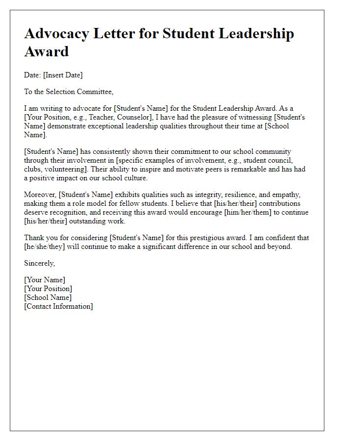 Letter template of advocacy for student leadership award