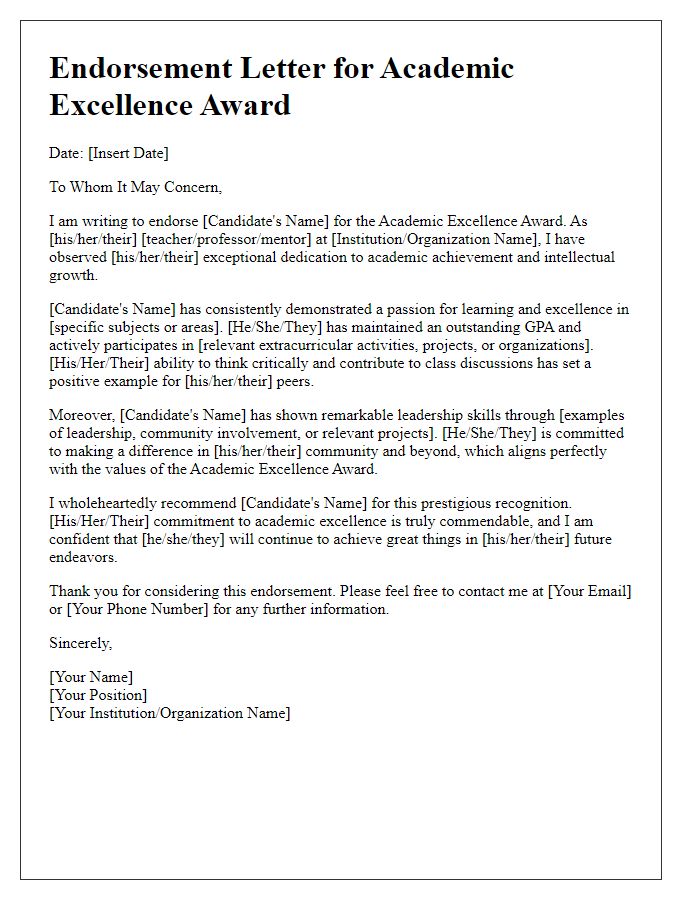 Letter template of endorsement for academic excellence award