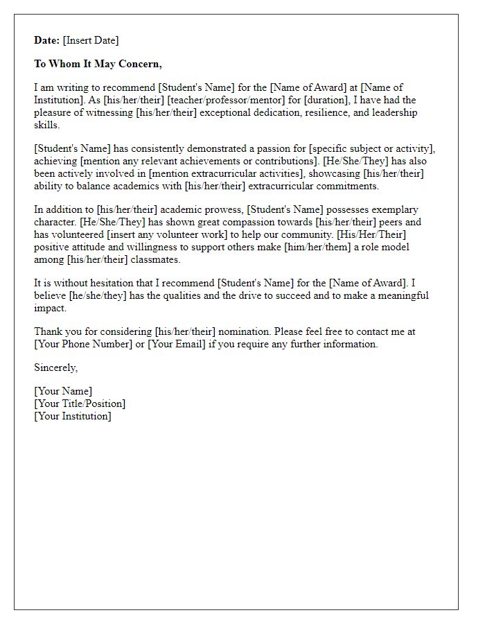 Letter template of recommendation for student award nomination