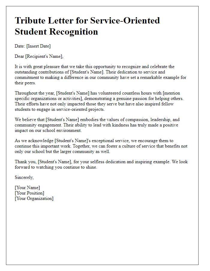 Letter template of tribute for service-oriented student recognition