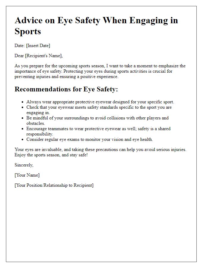 Letter template of advice on eye safety when engaging in sports