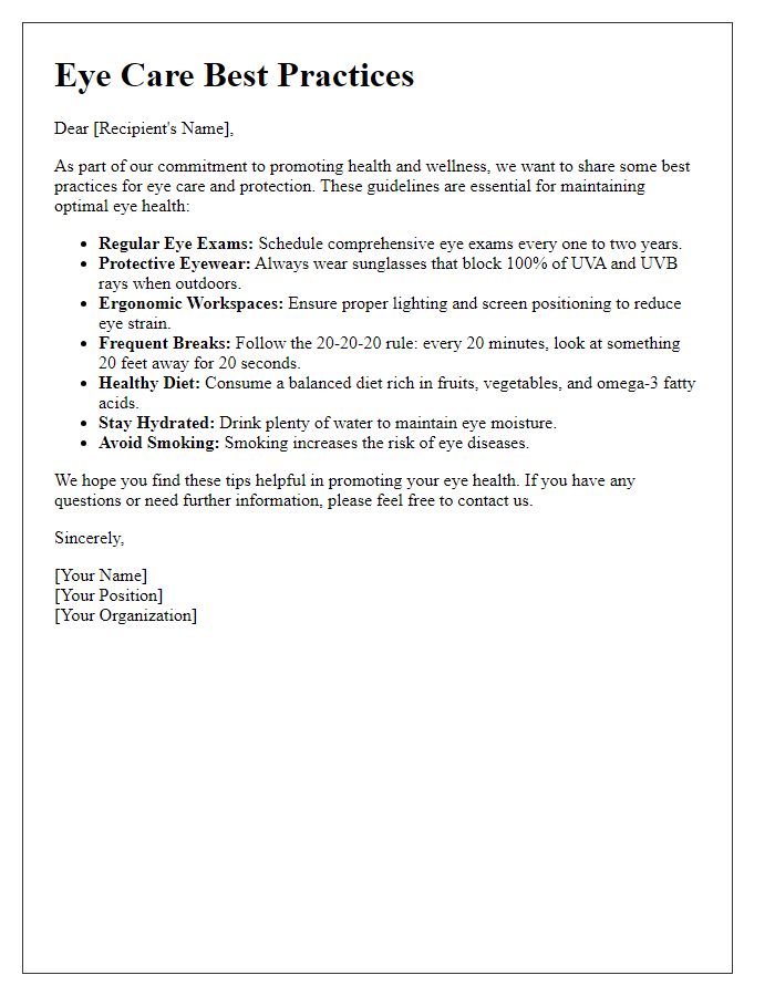 Letter template of best practices for eye care and protection