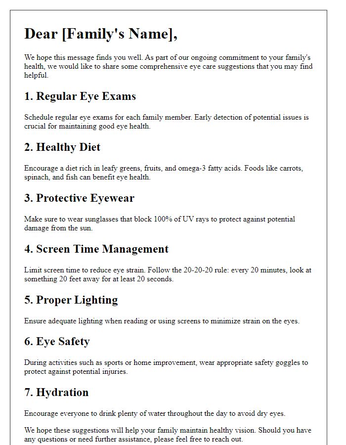 Letter template of comprehensive eye care suggestions for families