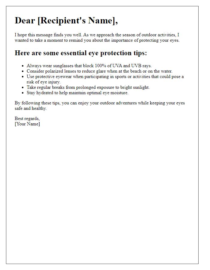 Letter template of eye protection tips for outdoor activities