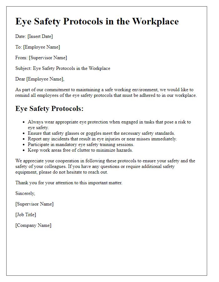 Letter template of eye safety protocols for workplace environments