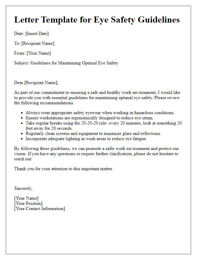 Letter template of guidelines for maintaining optimal eye safety