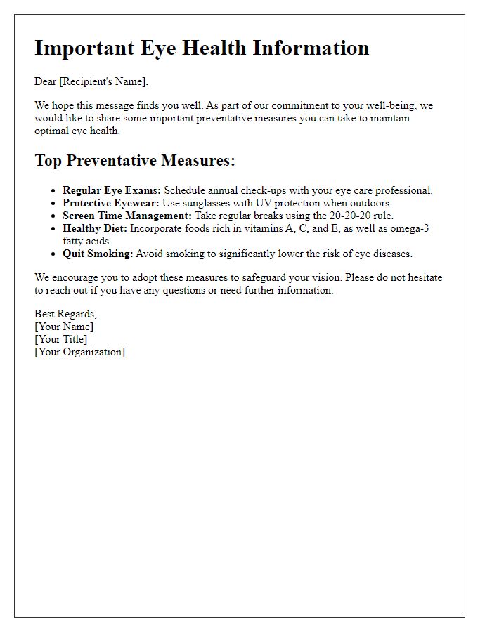 Letter template of preventative measures for eye health