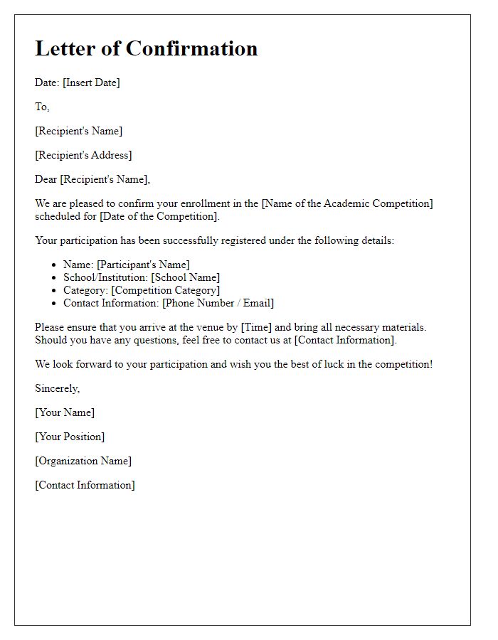 Letter template of confirmation for academic competition enrollment