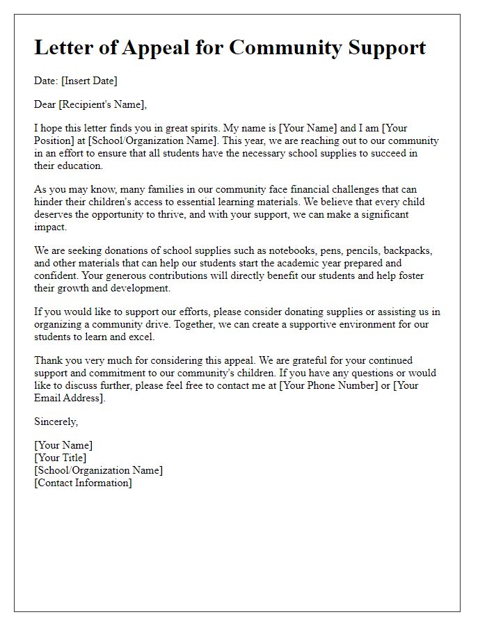 Letter template of appeal for community support in providing school supplies.