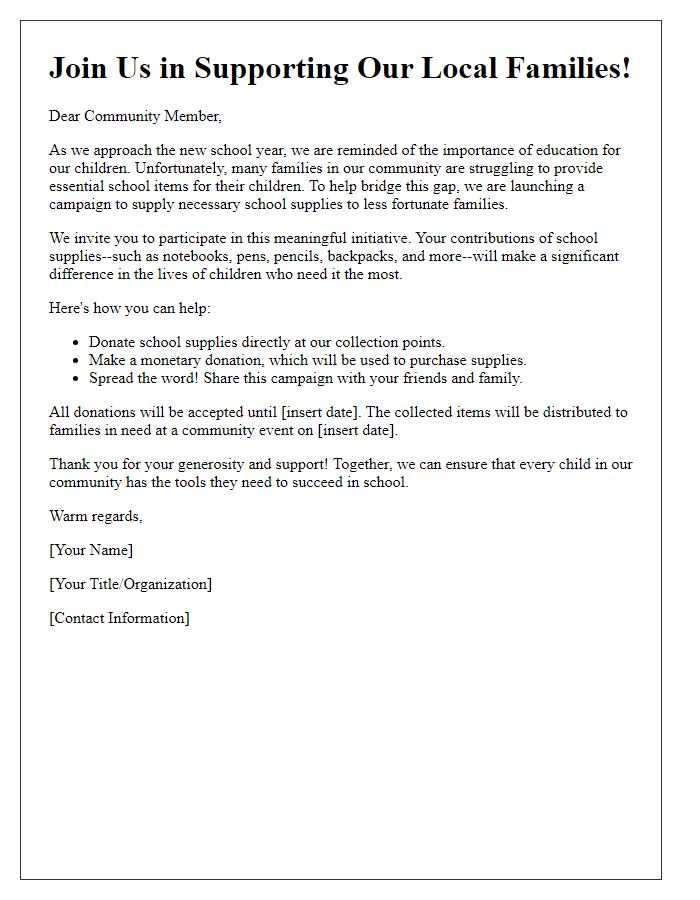 Letter template of campaign for supplying essential school items for less fortunate families.