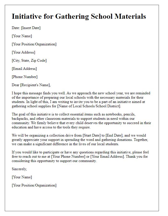 Letter template of initiative for gathering school materials for local schools.