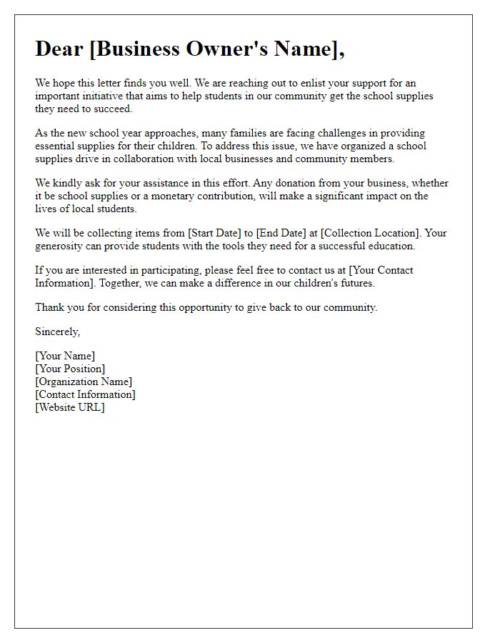 Letter template of organized effort to collect school supplies from local businesses.