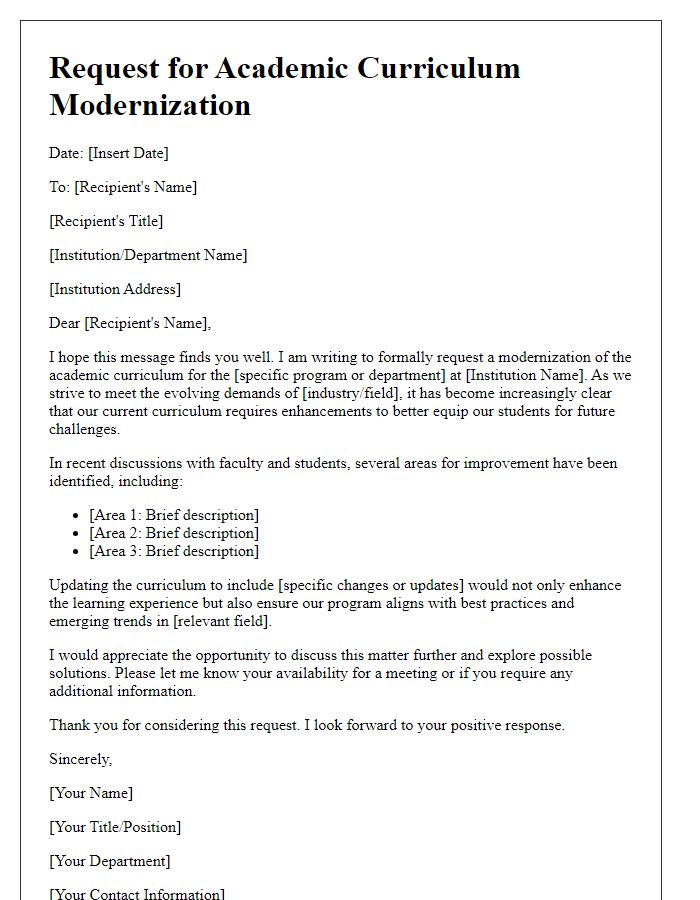 Letter template of academic curriculum modernization request