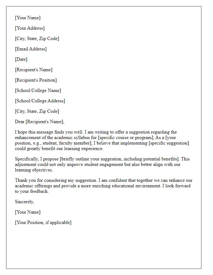 Letter template of academic syllabus enhancement suggestion