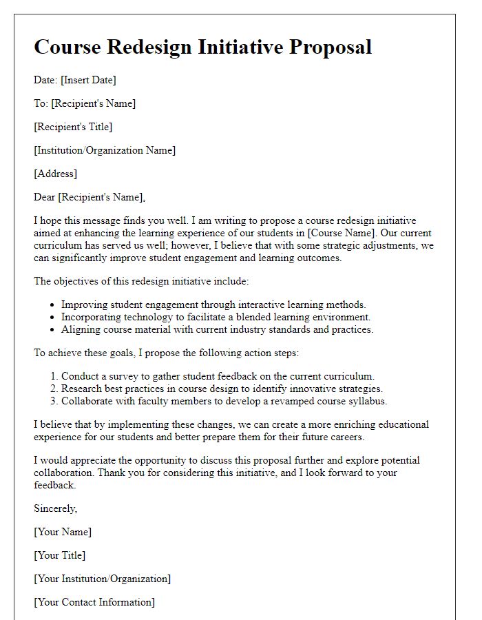 Letter template of course redesign initiative proposal