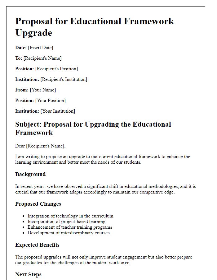 Letter template of educational framework upgrade proposal