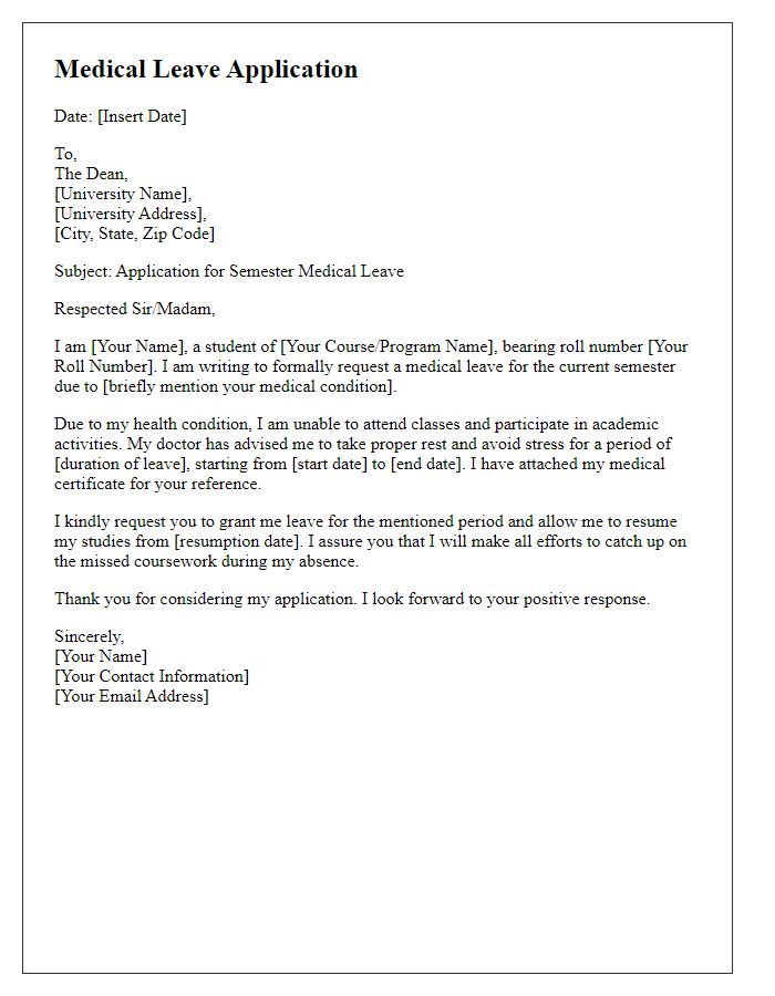 Letter template of semester medical leave application for university