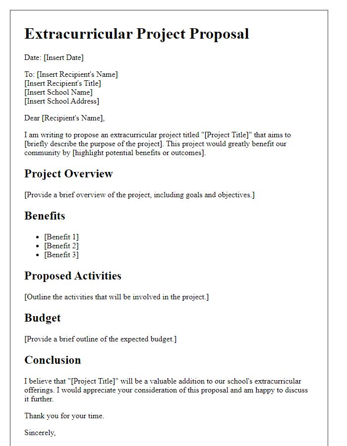 Letter template of extracurricular project proposal for school.