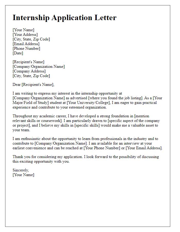 Letter template of application for student internship opportunity