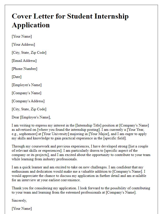 Letter template of cover letter for student internship application