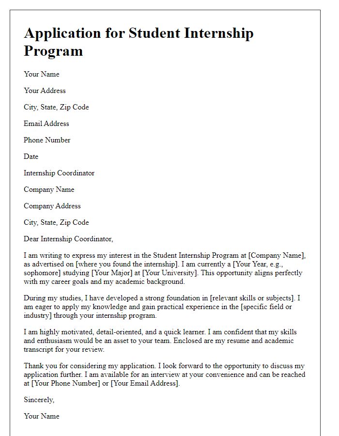 Letter template of formal application for student internship program