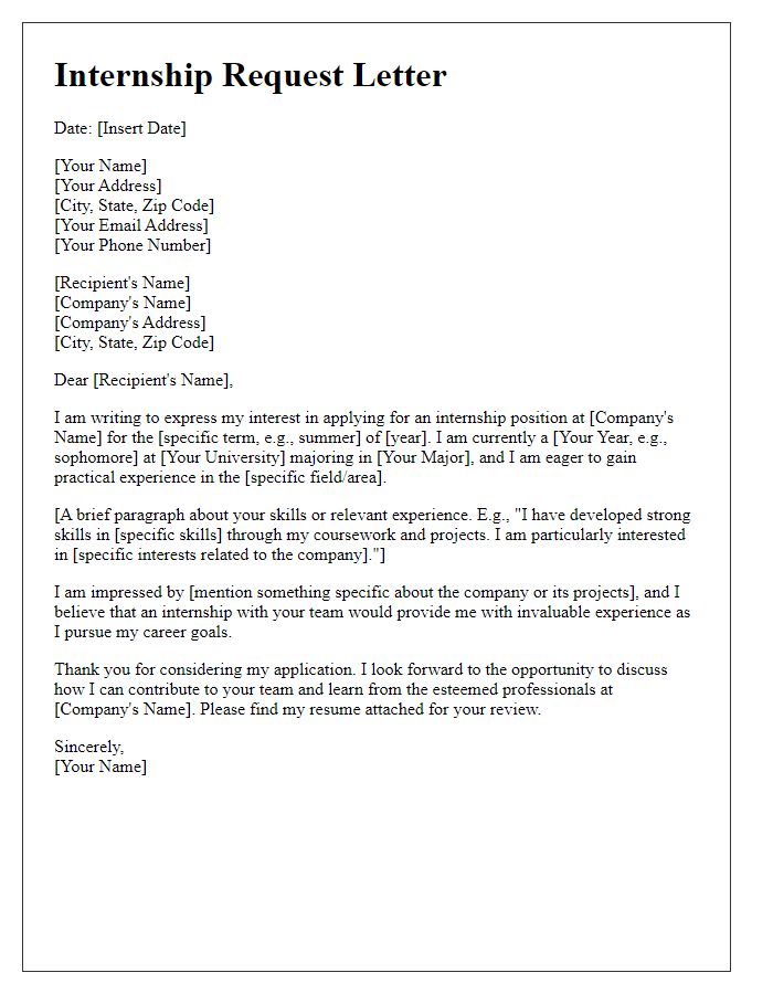 Letter template of submission for student internship request