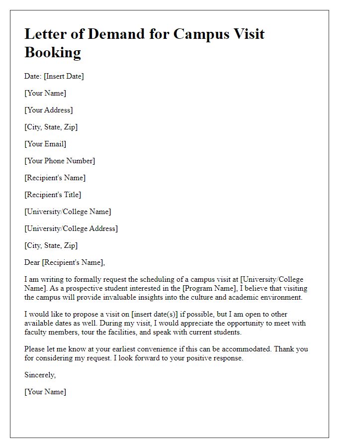 Letter template of demand for booking a campus visit