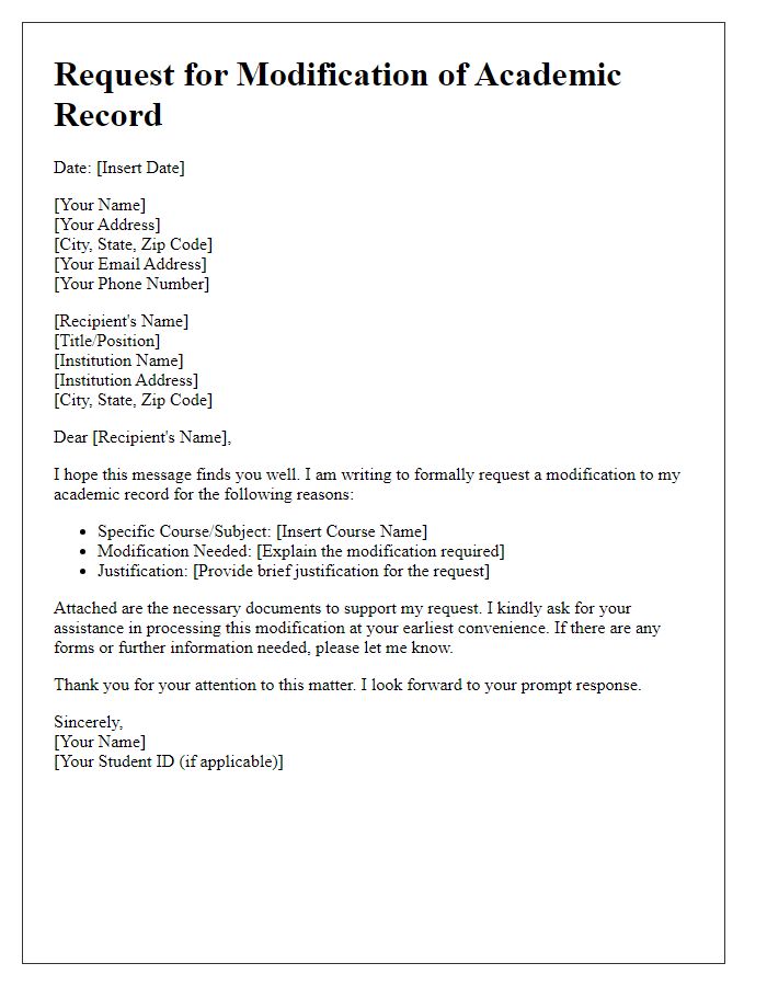 Letter template of academic record modification