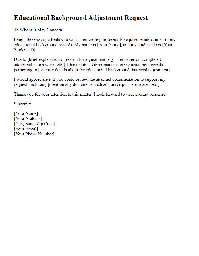 Letter template of educational background adjustment