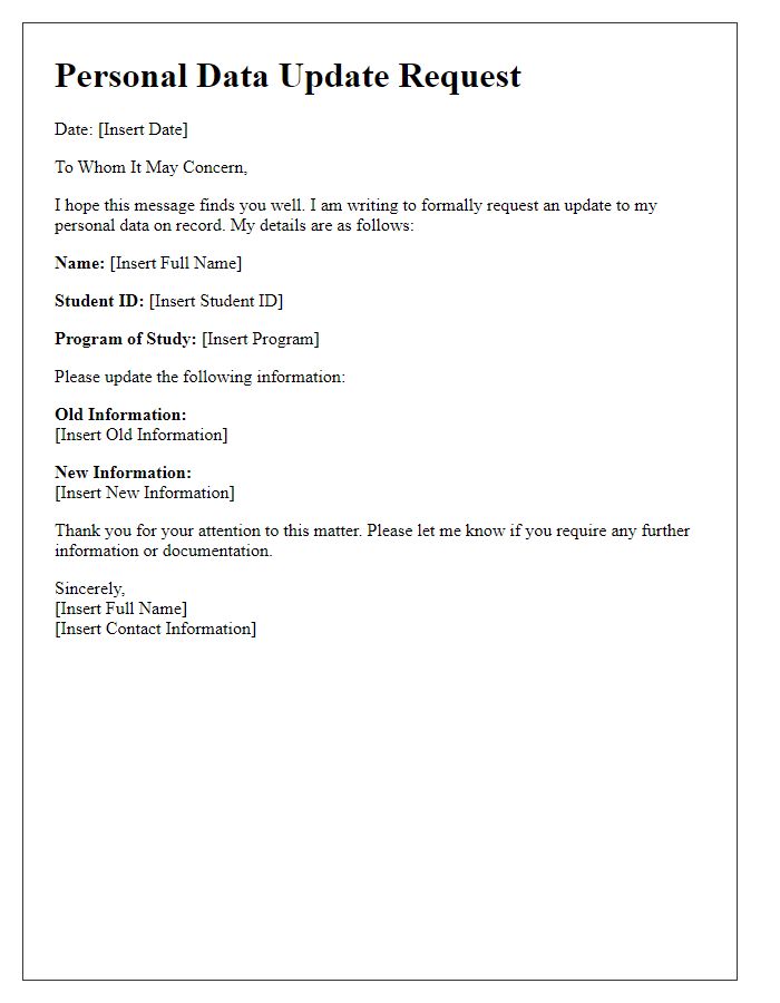 Letter template of personal data update for students