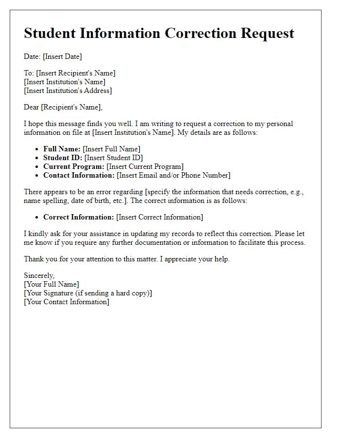 Letter template of student information correction