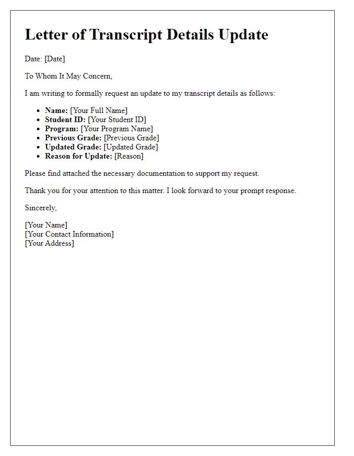Letter template of transcript details update