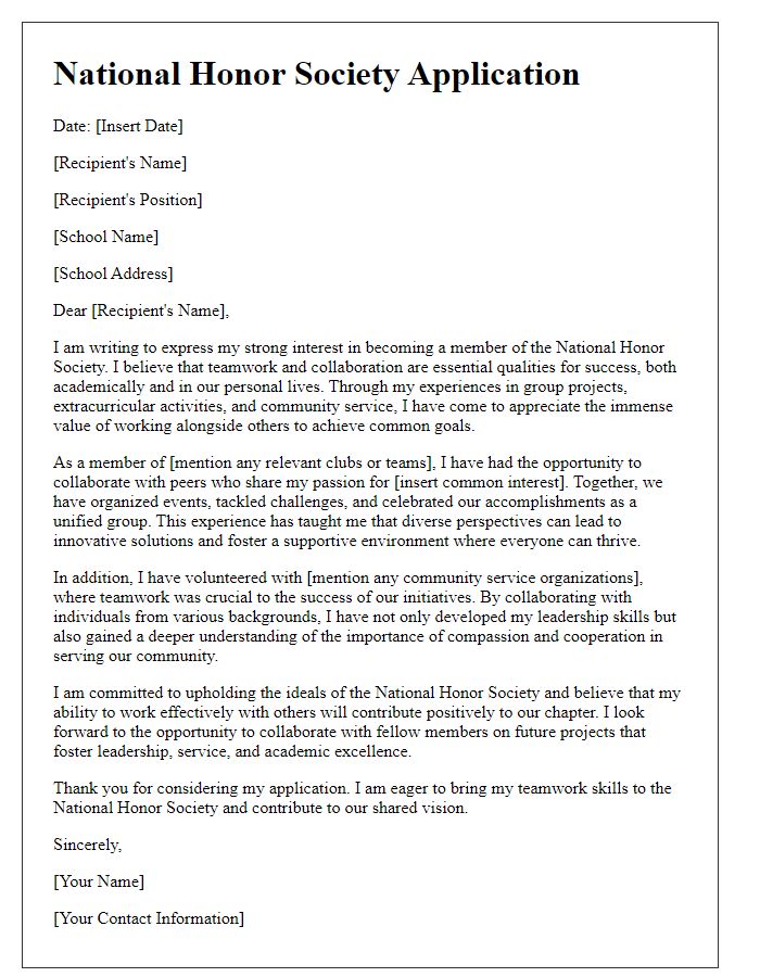 Letter template of National Honor Society application advocating for teamwork and collaboration.