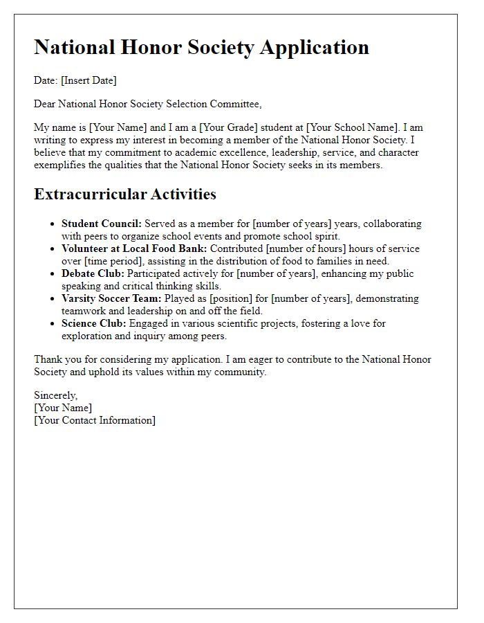 Letter template of National Honor Society application detailing extracurricular activities.