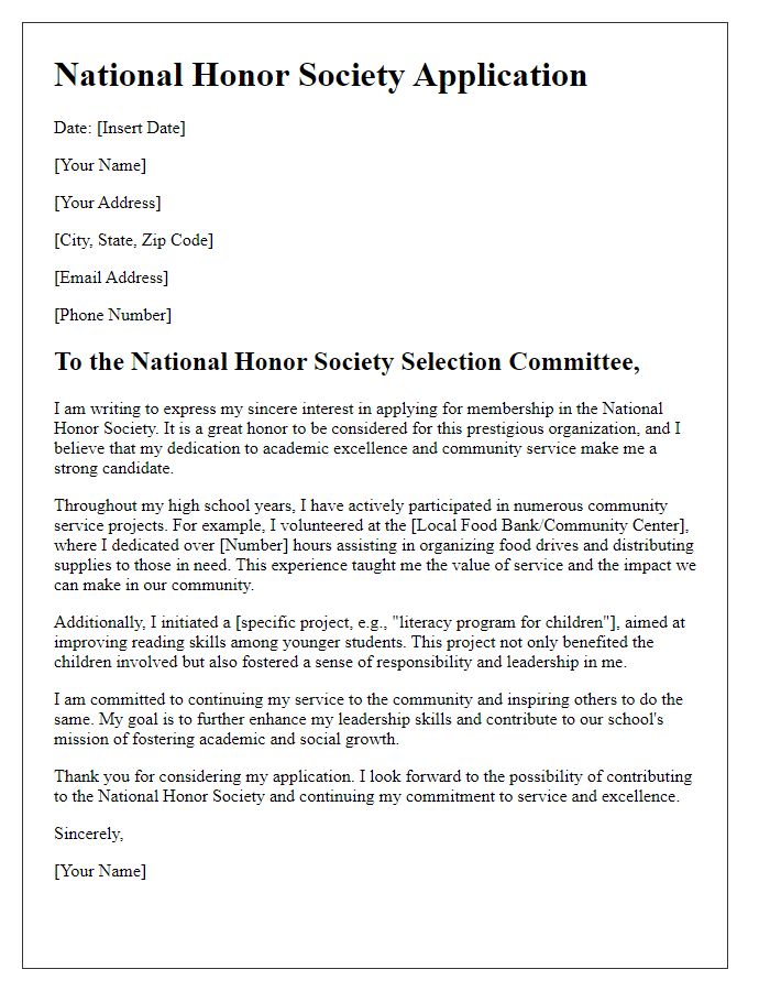 Letter template of National Honor Society application emphasizing community service involvement.