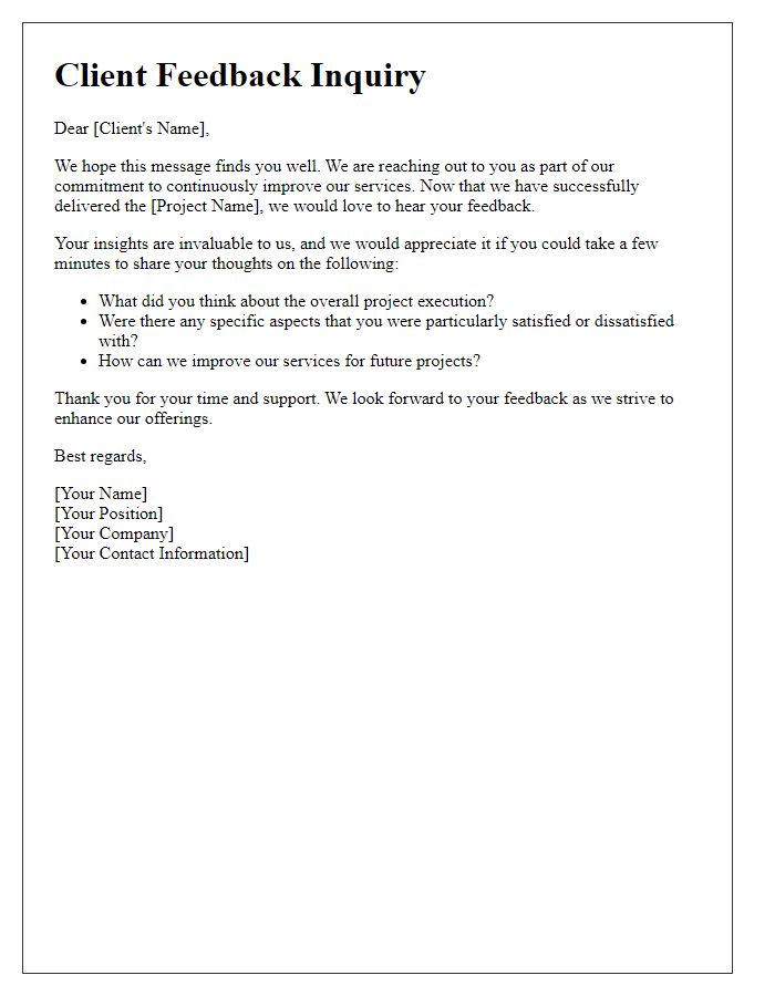 Letter template of client feedback inquiry after project delivery