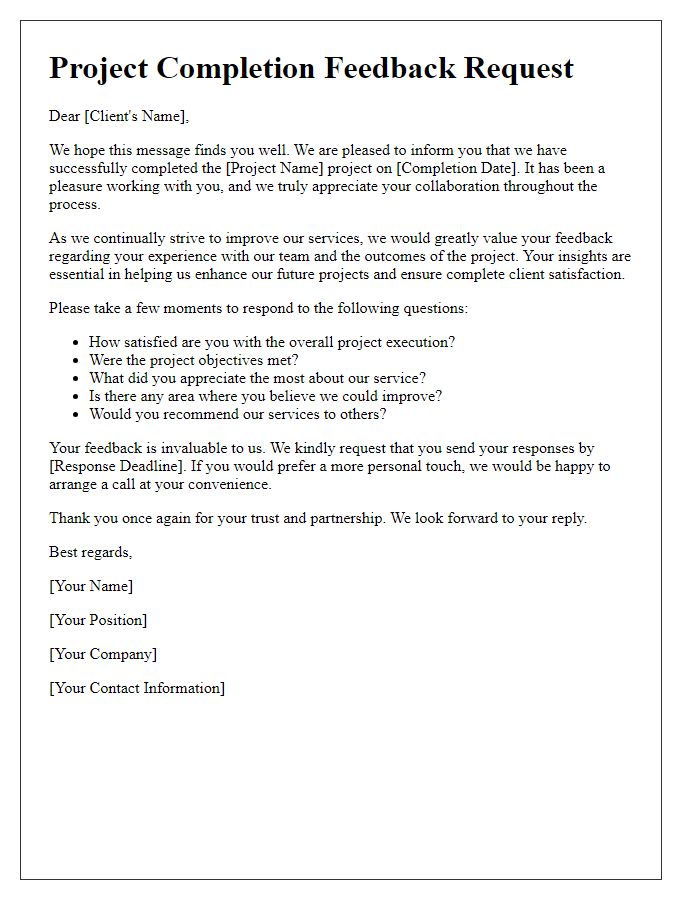 Letter template of client project completion feedback solicitation