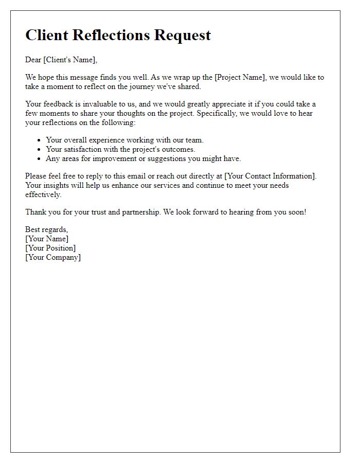 Letter template of client reflections request after project wrap-up