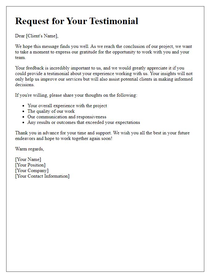 Letter template of client testimonial request at project finale