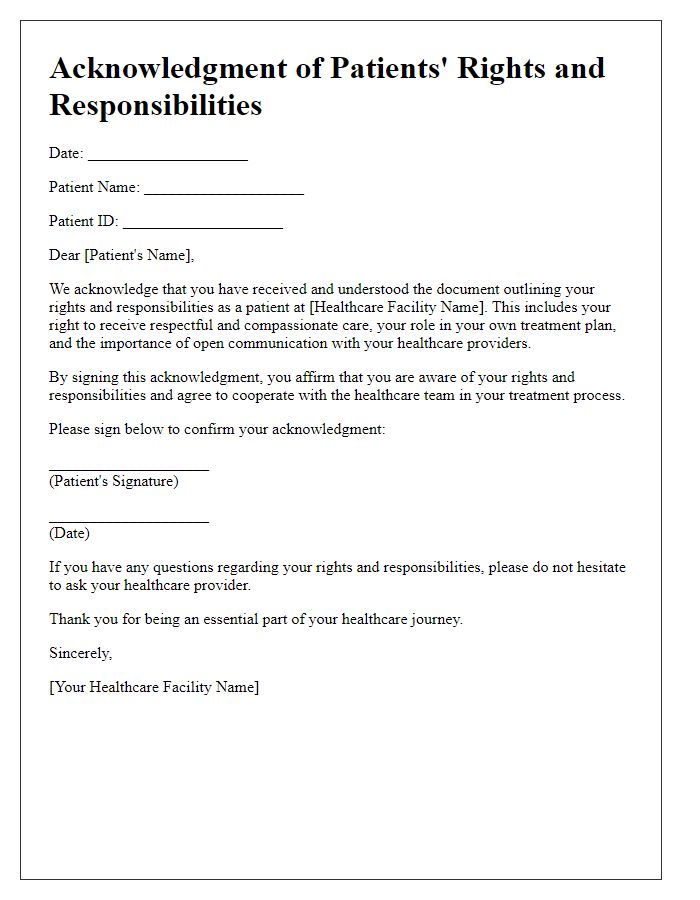 Letter template of Acknowledgment of Patients' Rights and Responsibilities