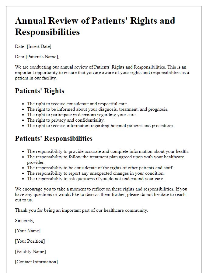 Letter template of Annual Review of Patients' Rights and Responsibilities