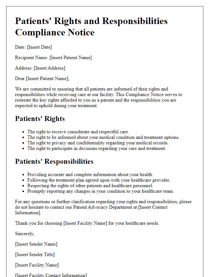 Letter template of Patients' Rights and Responsibilities Compliance Notice