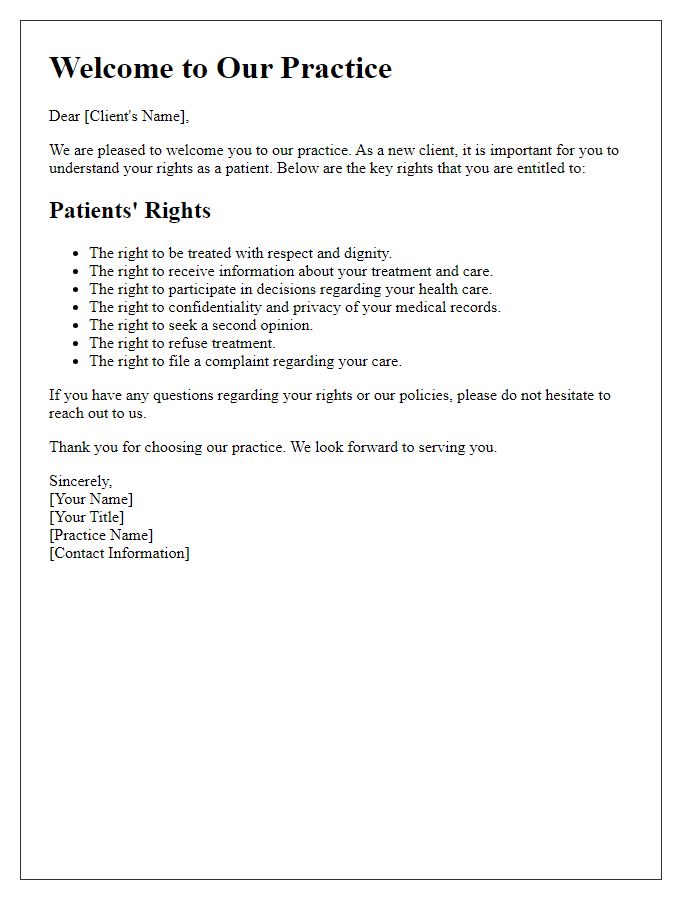 Letter template of Patients' Rights Information for New Clients