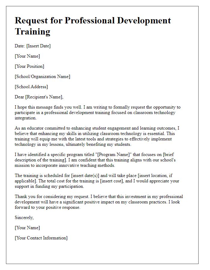 Letter template of professional development request for classroom technology training.