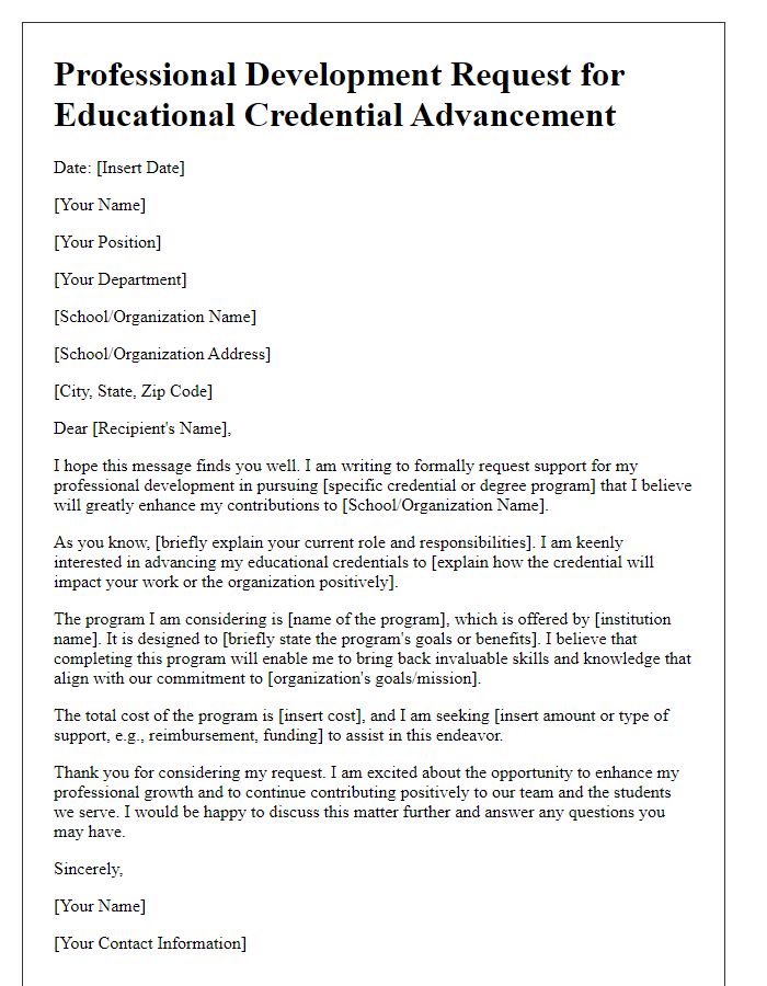 Letter template of professional development request for educational credential advancement.