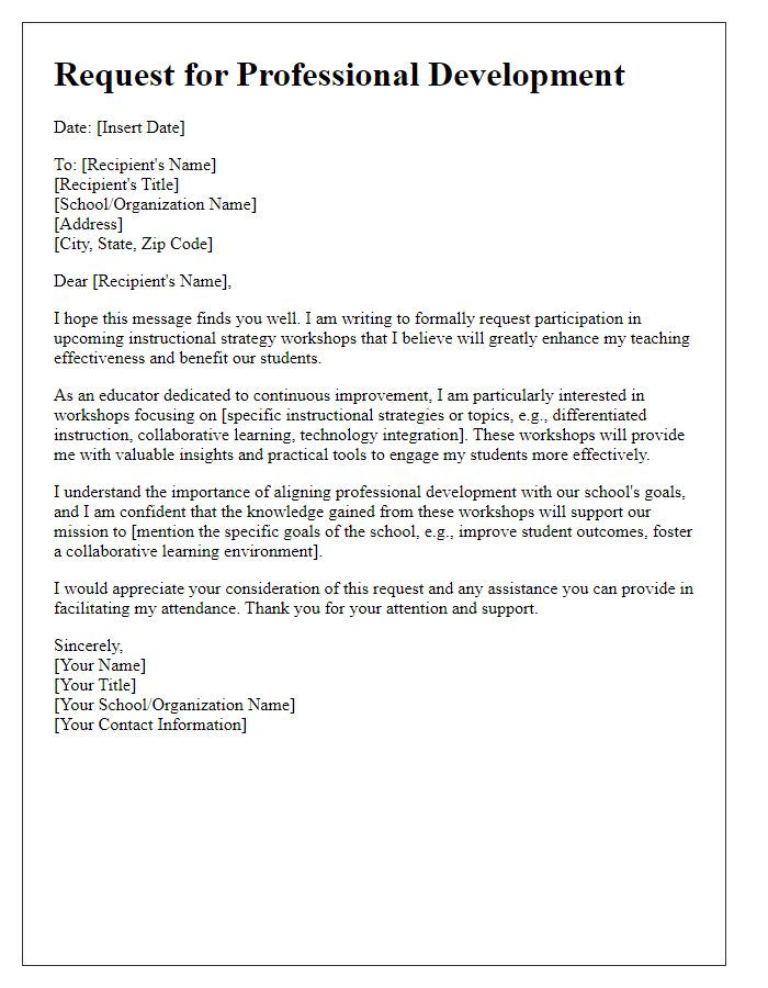 Letter template of professional development request for instructional strategy workshops.