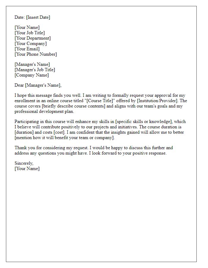 Letter template of professional development request for online course enrollment.