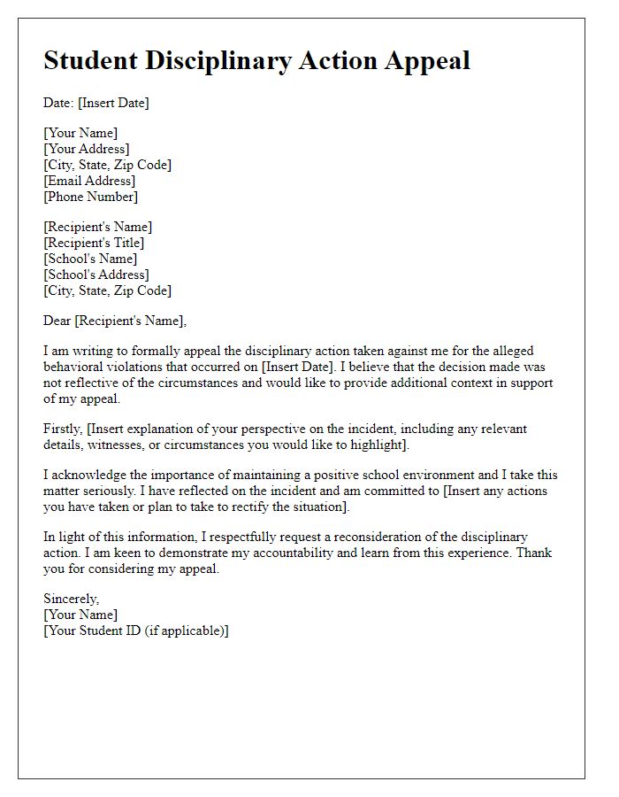 Letter template of student disciplinary action appeal for behavioral violations.