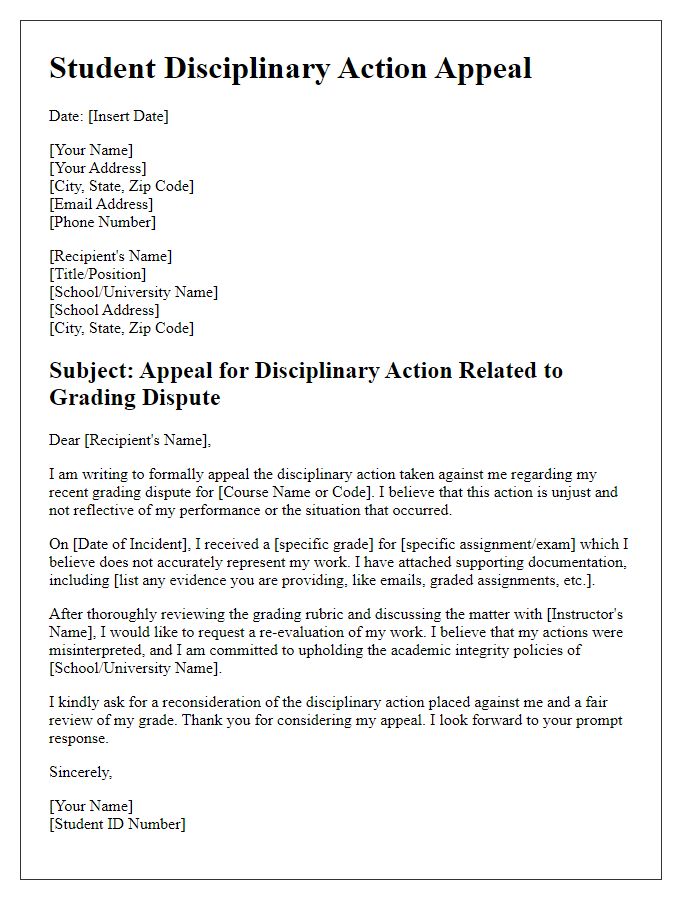 Letter template of student disciplinary action appeal for grading dispute.