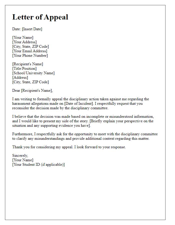 Letter template of student disciplinary action appeal for harassment allegations.